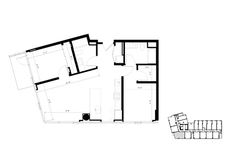 Floor plan for 2 beds, 2 baths, 959 sqft